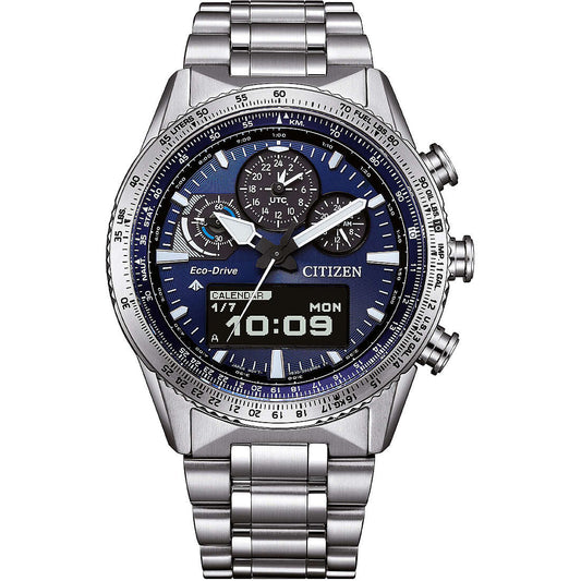 Orologio Citizen Promaster Sky JV2000-51L Eco-Drive multifunzione con quadrante blu, display digitale e regolo calcolatore - Alfano Gioielli Gioielleria Palermo.