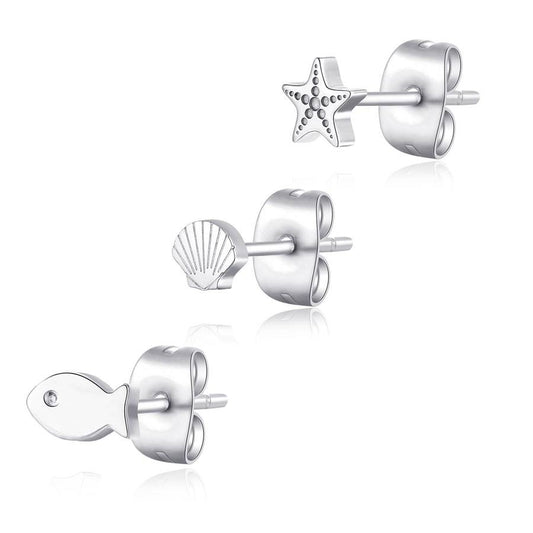 Set tris di orecchini a lobo Sagapò Click SCK165 in acciaio silver con forme di pesciolino, stella marina e conchiglia - Alfano Gioielli Palermo.