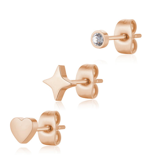 Set di tre coppie di orecchini a lobo Sagapò Click SCK171 in acciaio oro rosa con forme di cuore, stella e punto luce - Alfano Gioielli Palermo.