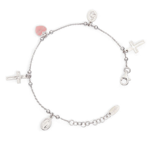 Bracciale Bambina Amen BRMC in Argento 925 con Charme Cuore Rosa, Croce e Medaglia Miracolosa